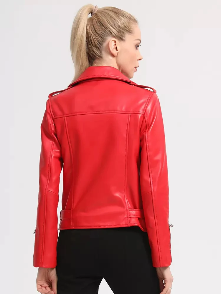 New Women Genuine Leather Jacket Spring Autumn Casual Turn-downCollar Streetwear Style Short Sheepskin Coat Slim Biker Outerwear