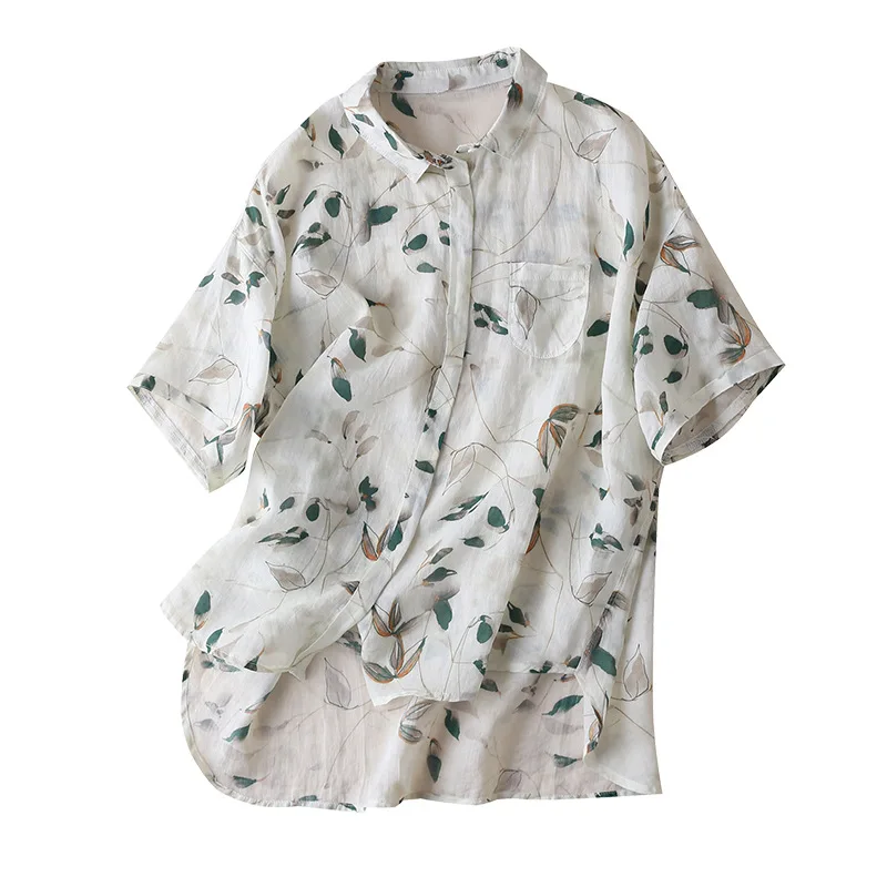 

Women's Summer Half Sleeve Ramie Floral Print Shirt Loose Design Thin Print Prairie Chic Turn-down Collar Blouse Women