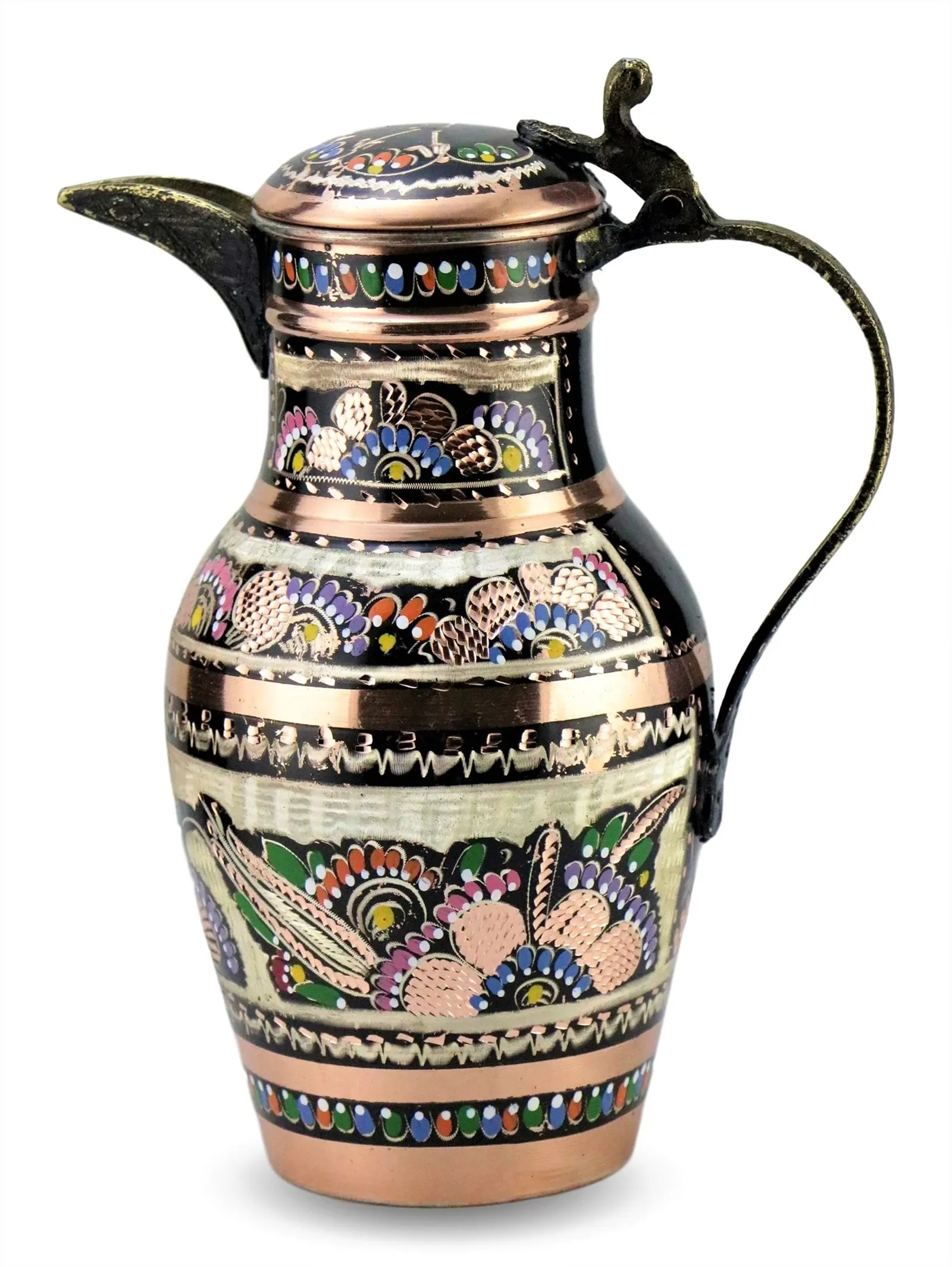 

Morya Copper Water Pitcher with Lid Beverage Carafe Elegant Decanter Jug Juice Handmade Vintage Style Ayran Drinkware White 3L