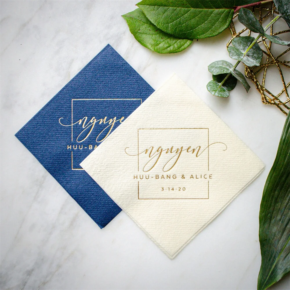 50PCS Square Monogram Linen-Like Wedding Cocktail Napkins Custom Linun Beverage Gold Foil Party Wedd