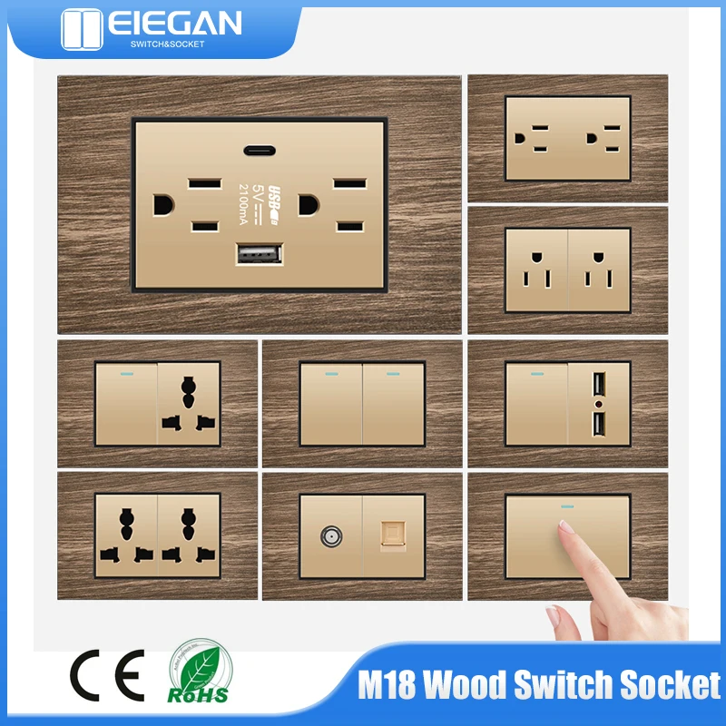 

EU FR UK Retro American Push Button 2Way Wall Switch Wood Grain Panel AC110~250V Power Socket with USB Type-C and Light Switch