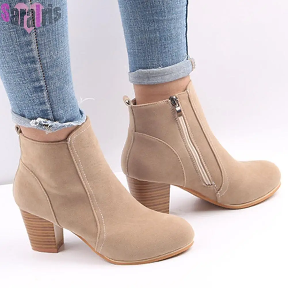 

Autumn Mature Women Ankle Boots Office Ladies Round Toe Thick High Hees Zip Flock Combat Short Booties Casual Shoes For Woman