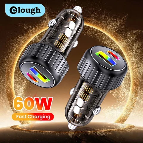 Автомобильное зарядное устройство elough 60 Вт, быстрая зарядка, 30 Вт, автомобильное зарядное устройство USB, прозрачный светодиодный PD, 30 Вт, автомобильное зарядное устройство для телефона типа C