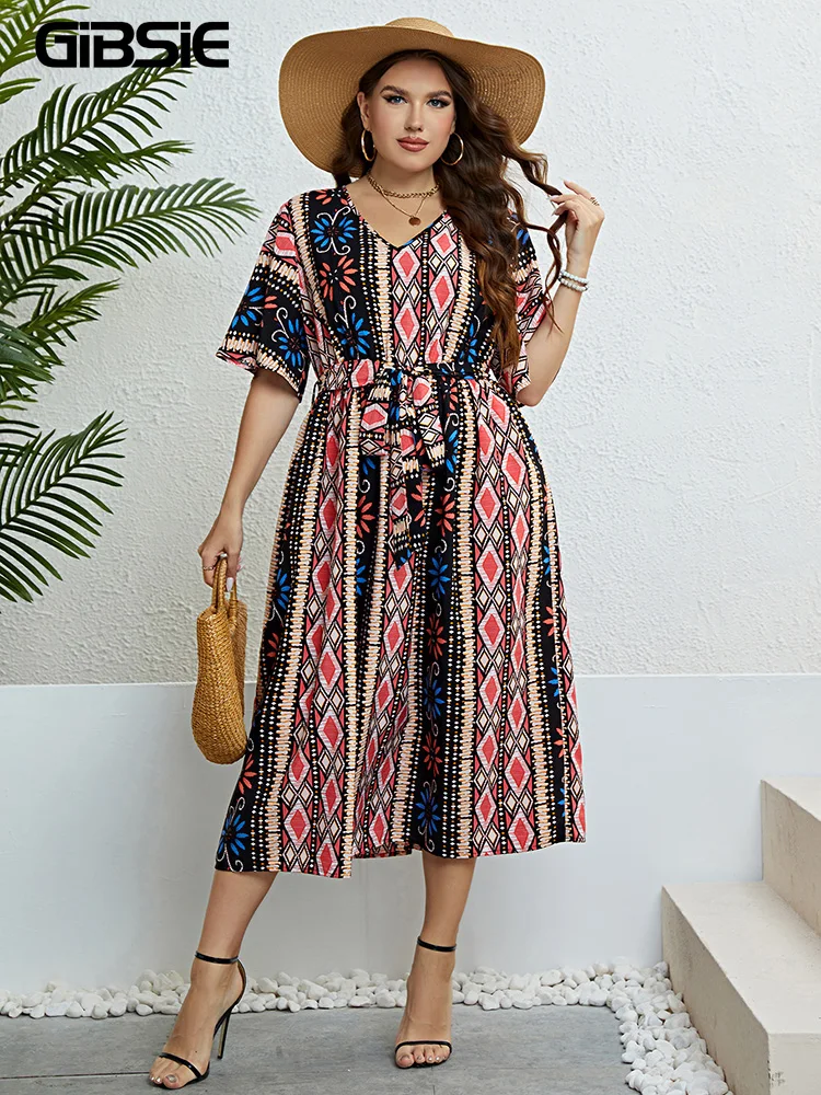 

GIBSIE Ethnic Print V Neck Belted Dress Women Plus Size Summer Vacation Beach Casual High Waist A-line Boho Long Dresses 2023