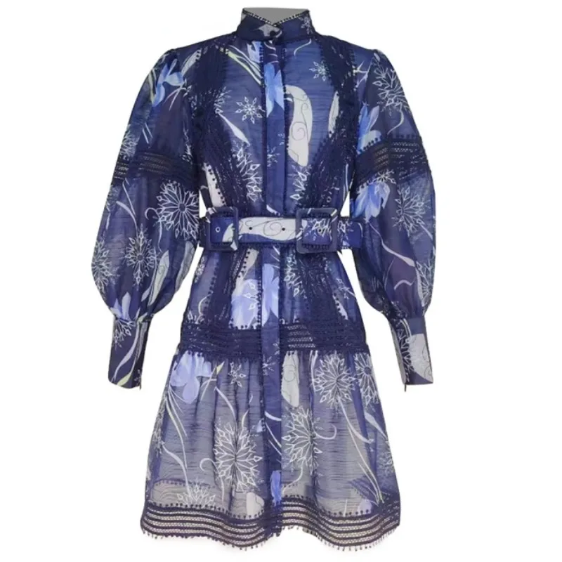 

Dresses For Women 2023 Runway Vintage Print Stand Collar Lantern Sleeve High Waist Colorblock Mini Dress Female Autumn Clothing