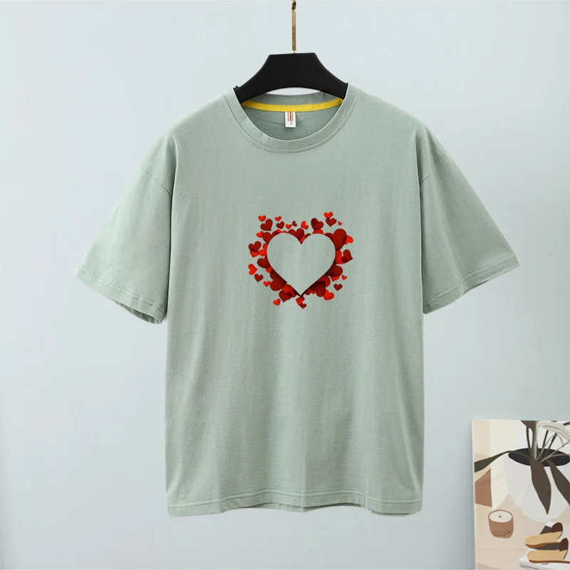 Short Sleeve T-shirts Women Heart Print O-neck Soft Casual Female Tees T-shirt 2022 New Summer Loose Fashion Basic Ladies Tops |