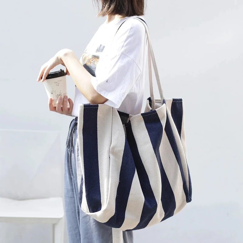 2022 New Stripe Women's Bag Large Capacity Female Canvas bag Tote Trendy Leisure Ladies Shoulder Bag Travel Shopping bag Handbag