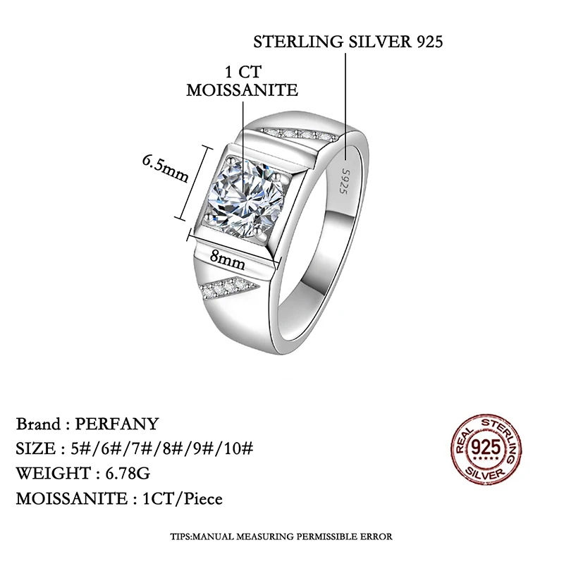 Фото PERFANY 1/2CT кольцо с муассанитом для мужчин S925 чистое серебро сверкающий бриллиант властное обручальное кольцо роскошные свадебные украшения подарок №3