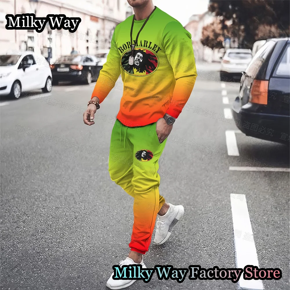 Spring Men Bob Marley Tracksuit Fashion Long Sleeve T-Shirt Trousers Set Male Jogging Suit One Love Print Clothing Casual Outfit