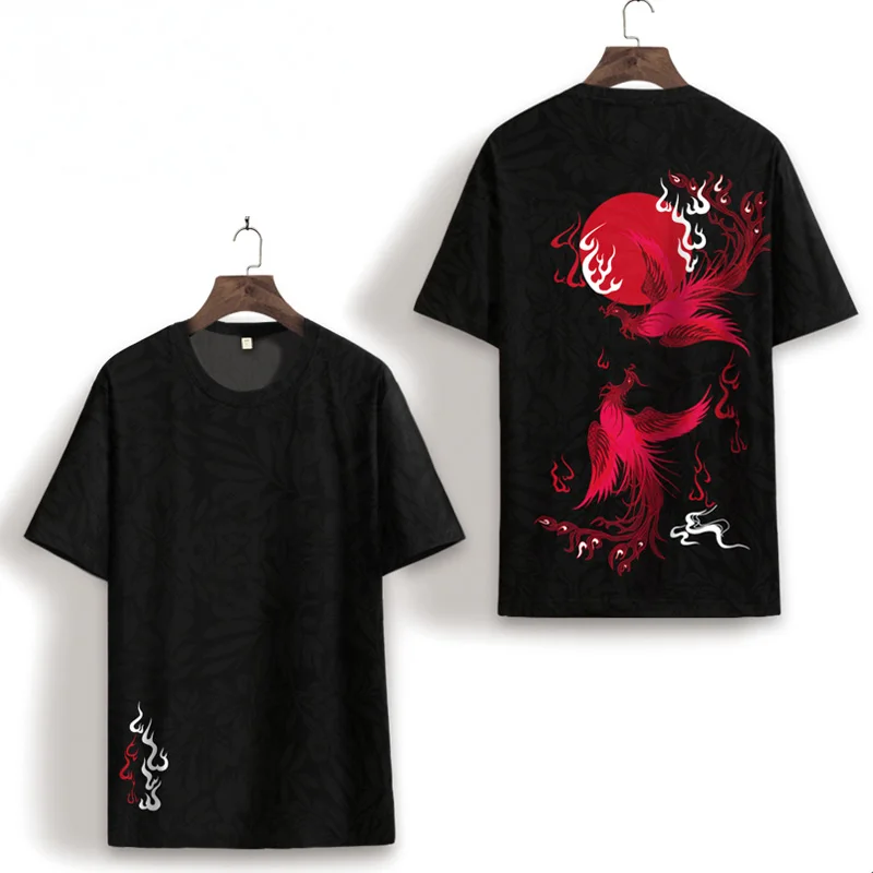 

Черная футболка с коротким рукавом, Мужская брендовая футболка в китайском стиле с принтом Феникс, большие размеры, Повседневная Универсал...