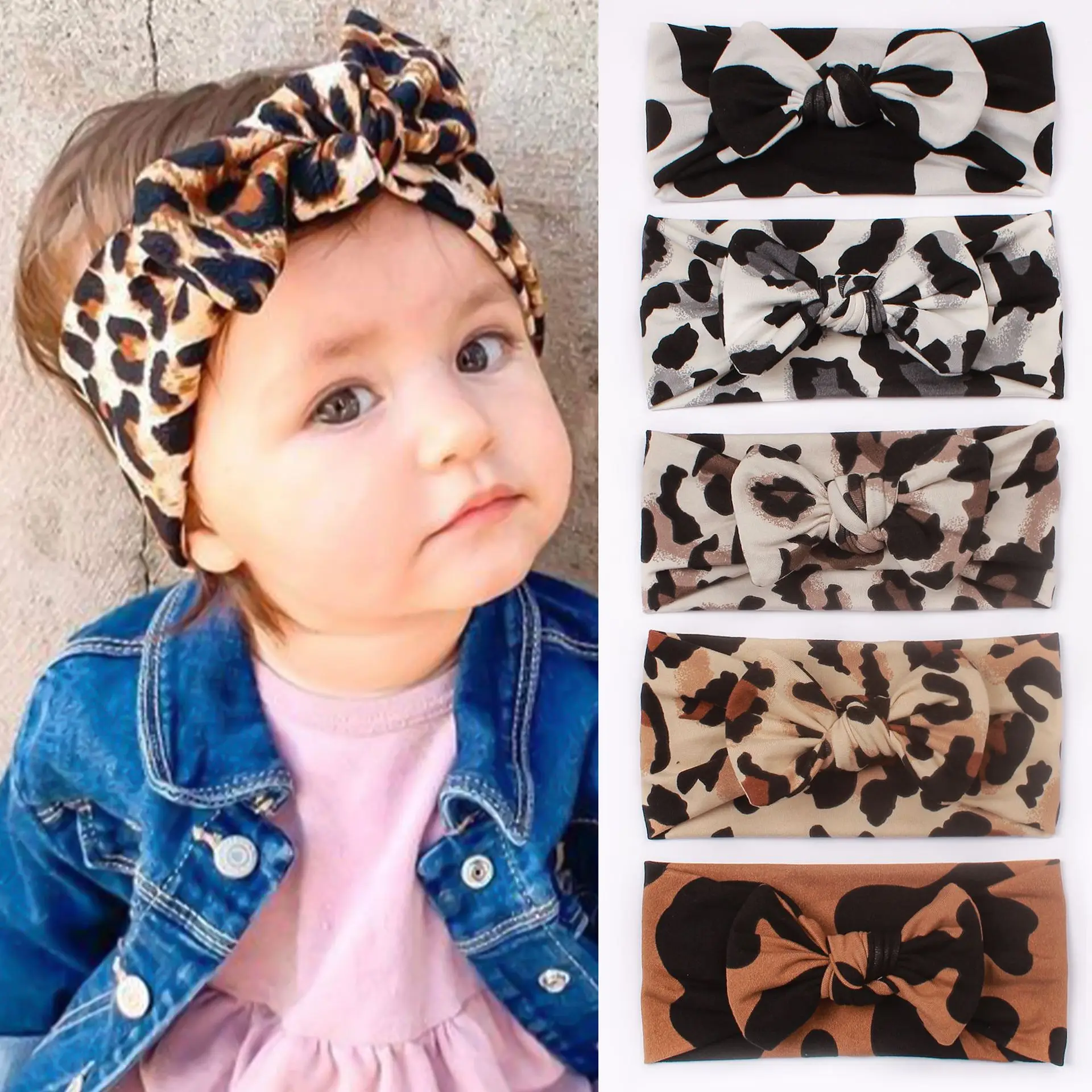 

Newborn Baby Headband Leopard Girls Bows Hairbands For Children Wide Turban Pleated Headwrap Donut Hats infant Hair Accessories