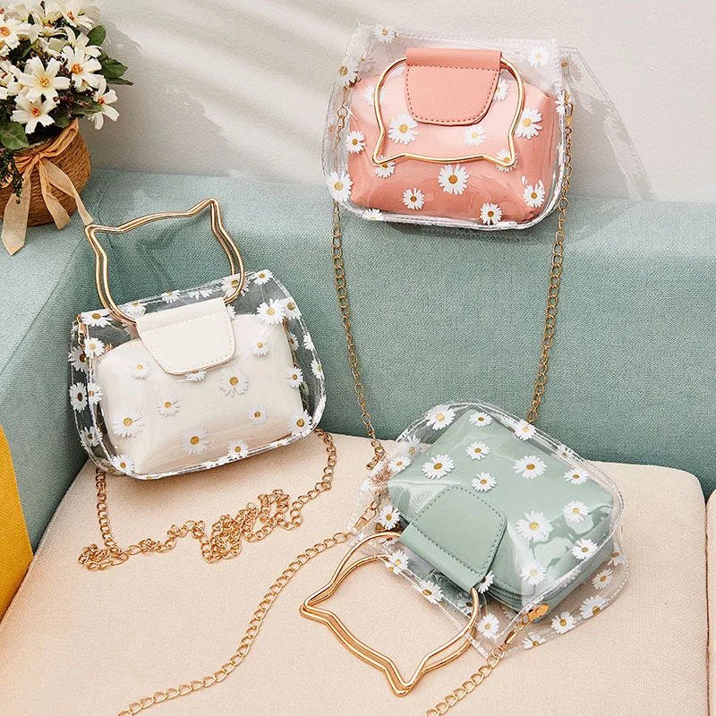 Cat Shape Handle Handbags Transparent Clear PVC Jelly Shoulder Bag Summer Women Girls Daisy Flower Mini Crossbody Messenger Bags