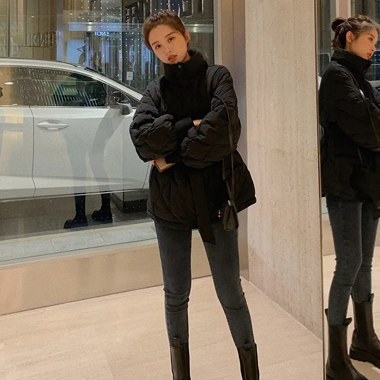 Down Cotton-Padded Women Autumn Winter Warm Windbreak Small Short Style Waist Rhomboid Lattice Autumn Winter Winter Set of Tide