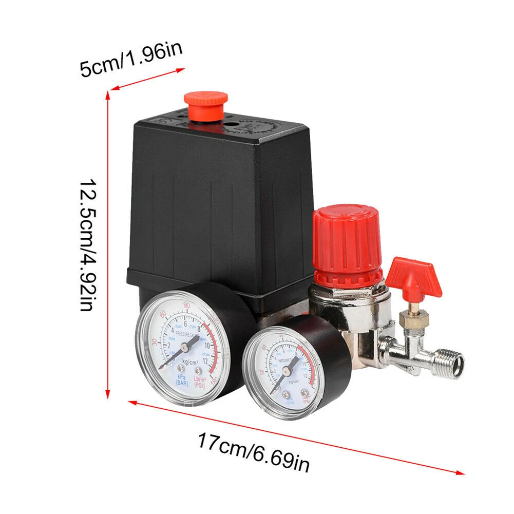 

Air Compressor Pump Pressure Control Switch 4 Port 240V Manifold Relief Regulator 90-120PSI Control Valve With Gauge