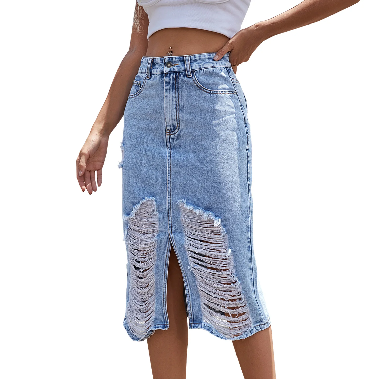

2023 New Women Vintage Hole Personalized High Waist Slim Denim Skirt