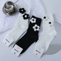 black and white socks women all cotton socks knit flowers sweet ins stereo handmade socks long socks