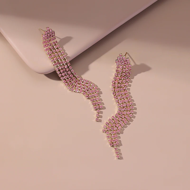 

Новые женские длинные инкрустированные кисточками 5 рядов розовые бриллиантовые Модные металлические серьги Многофункциональные ювелирн...