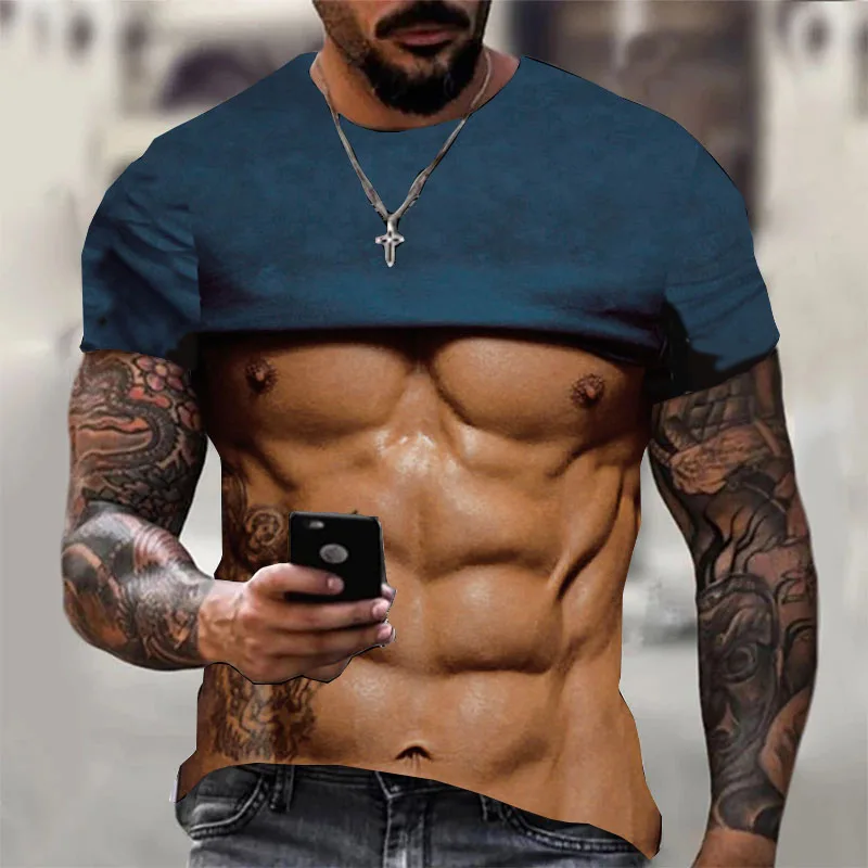 

Мужская футболка в стиле панк-рок, Модная приталенная футболка с 3d-рисунком мышц живота, 2022