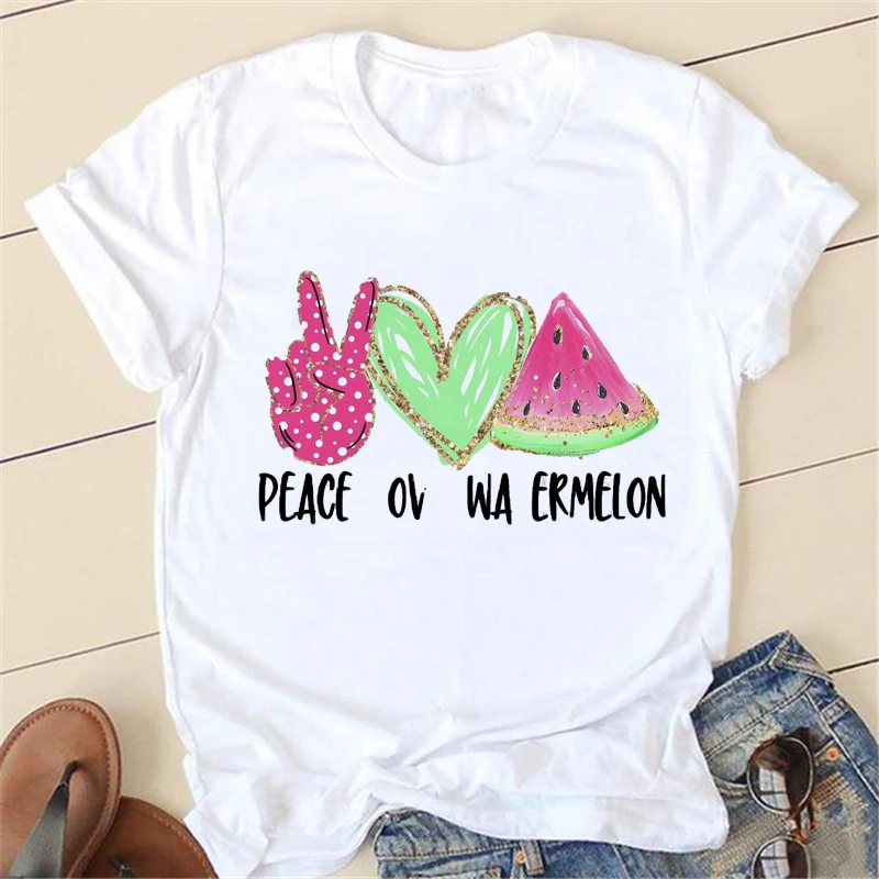 

Летняя женская модная одежда, топ с круглым вырезом и надписью, белая свободная футболка с коротким рукавом и мультяшным принтом фруктов, же...