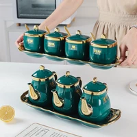 high grade ceramic seasoning jar with tray golden border salt sugar box household spoon with lid seasoning jar soy sauce bottle