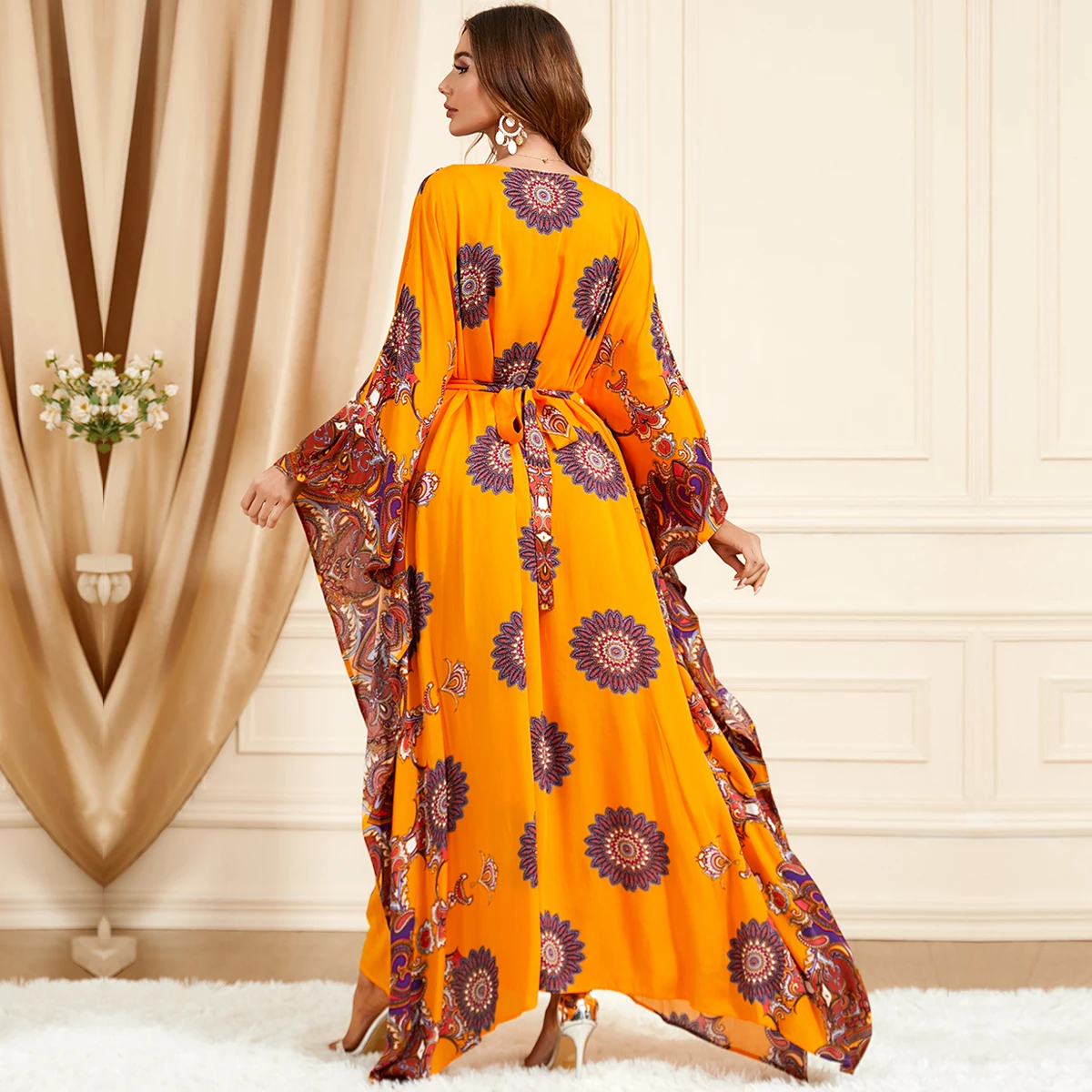 BNSQ Summer Bat Sleeve Muslim Dress For Women Abaya Floral Pattern With Belt Moroccan Turkey African Caftan