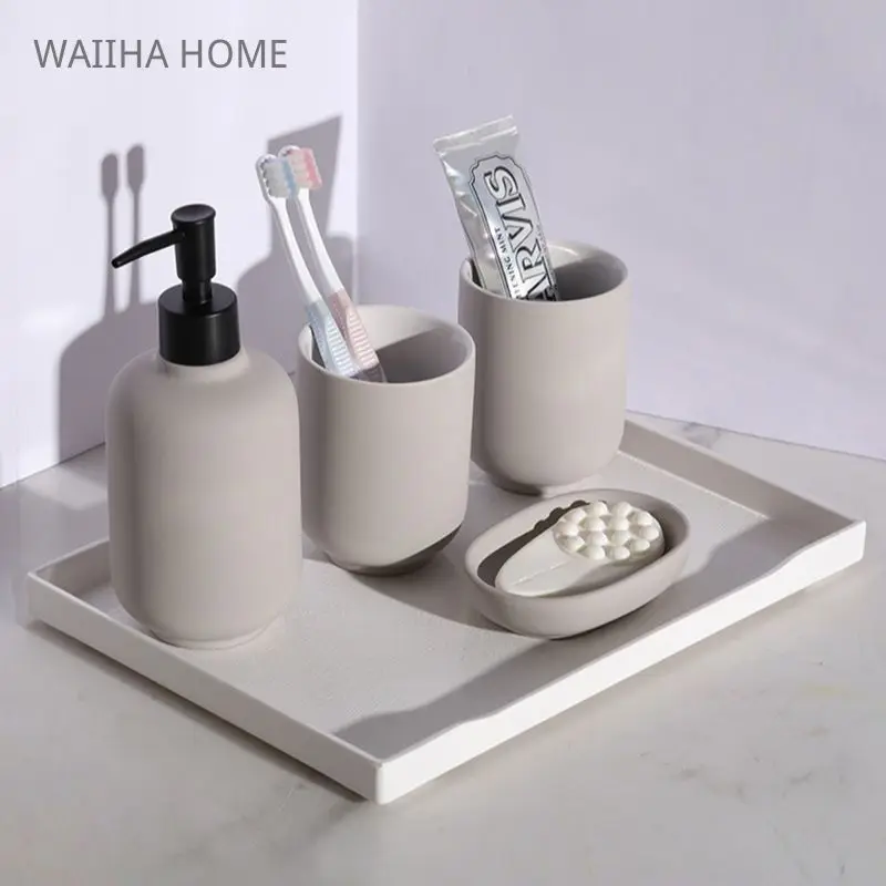 Ceramic Bathroom Accessories Sets Decoration Luxury Lotion Bottle Mouth Cup Toothbrush Holder Soap Dish Storage Tank Tray