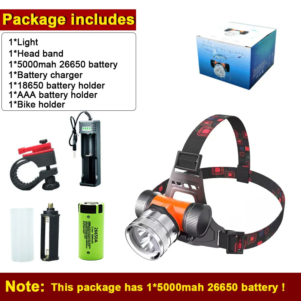 

Высокомощный двойной фонарь с бусинами, фонарь для дайвинга, фонарик, водонепроницаемый подводный фонарь для дайвинга IP68, 100 м, фонарь с батареей 5000 мАч