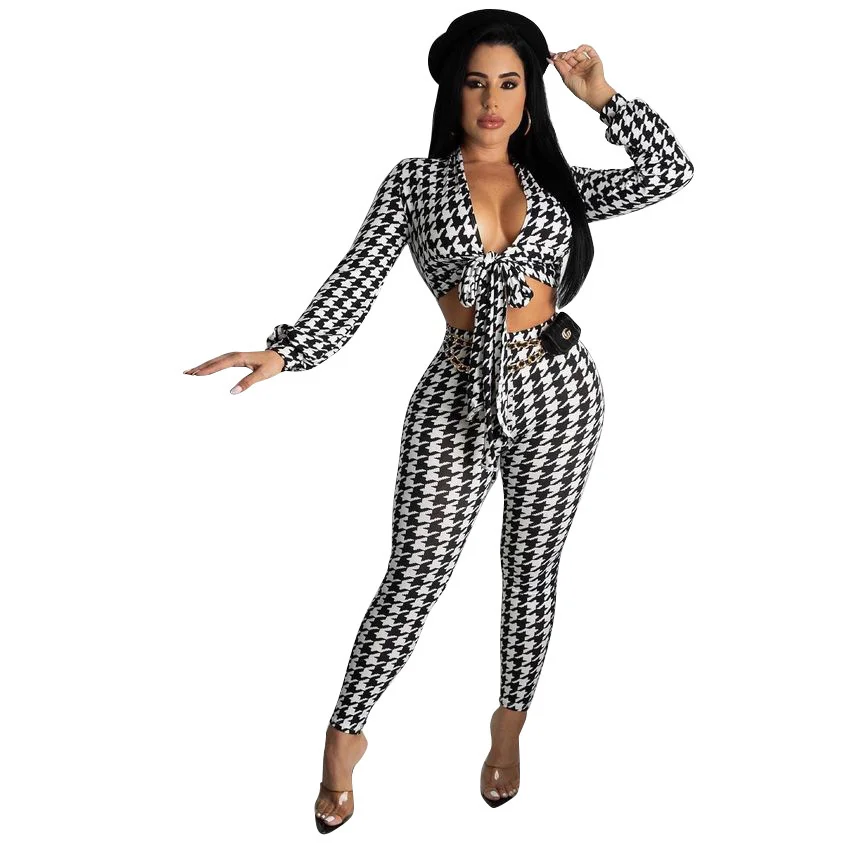 

Znaiml 2022 Two Piece Sets Long Sleeve Bird Lattice Pencil Pants V Neck Bandage Shirt Suits Girls Sexy Pant Women Set Outfits