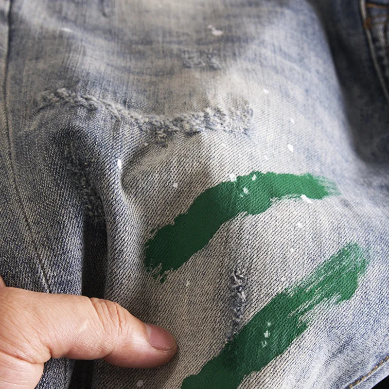 Брюки мужские облегающие эластичные джинсы с разбрызгивающимися красками в