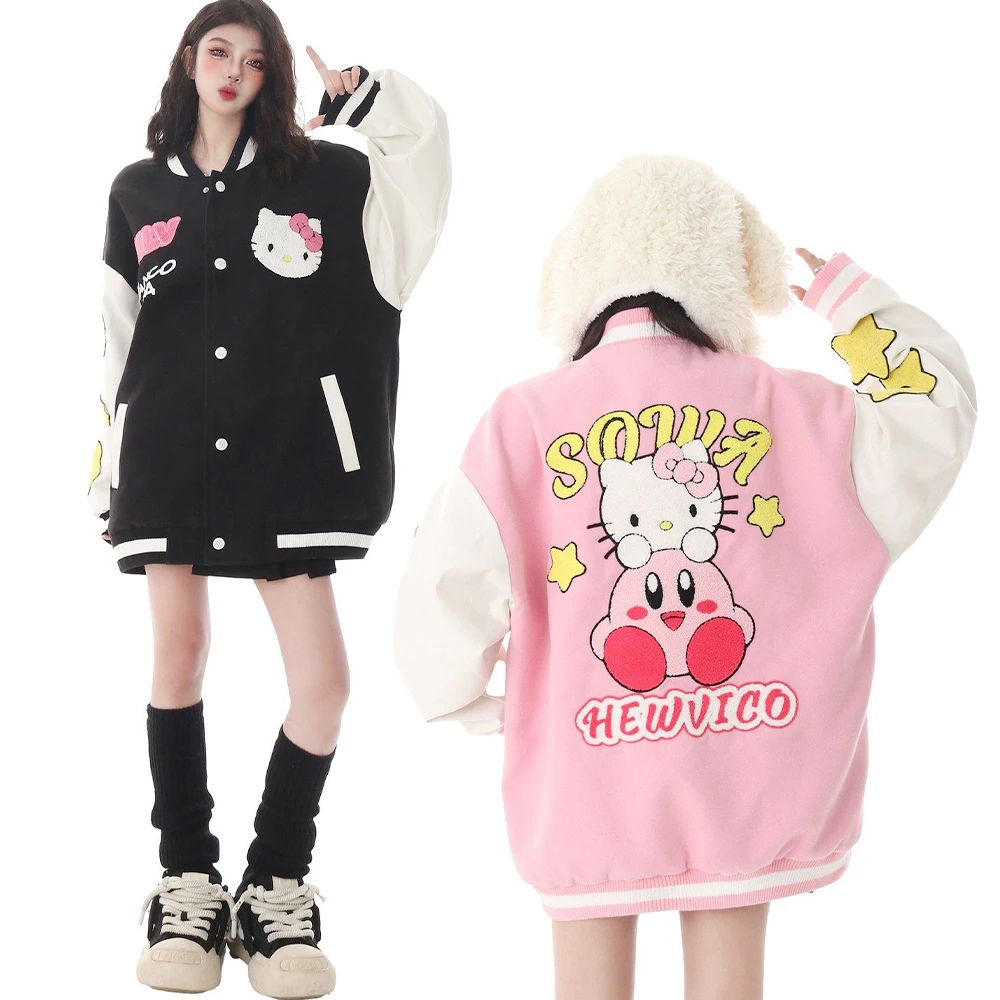 

Sanrioed Hello Kitty Women Men Thickened Baseball Uniform Kawaii Anime Kirby Autumn Winter Coat Warm Tops American Trend Fashion