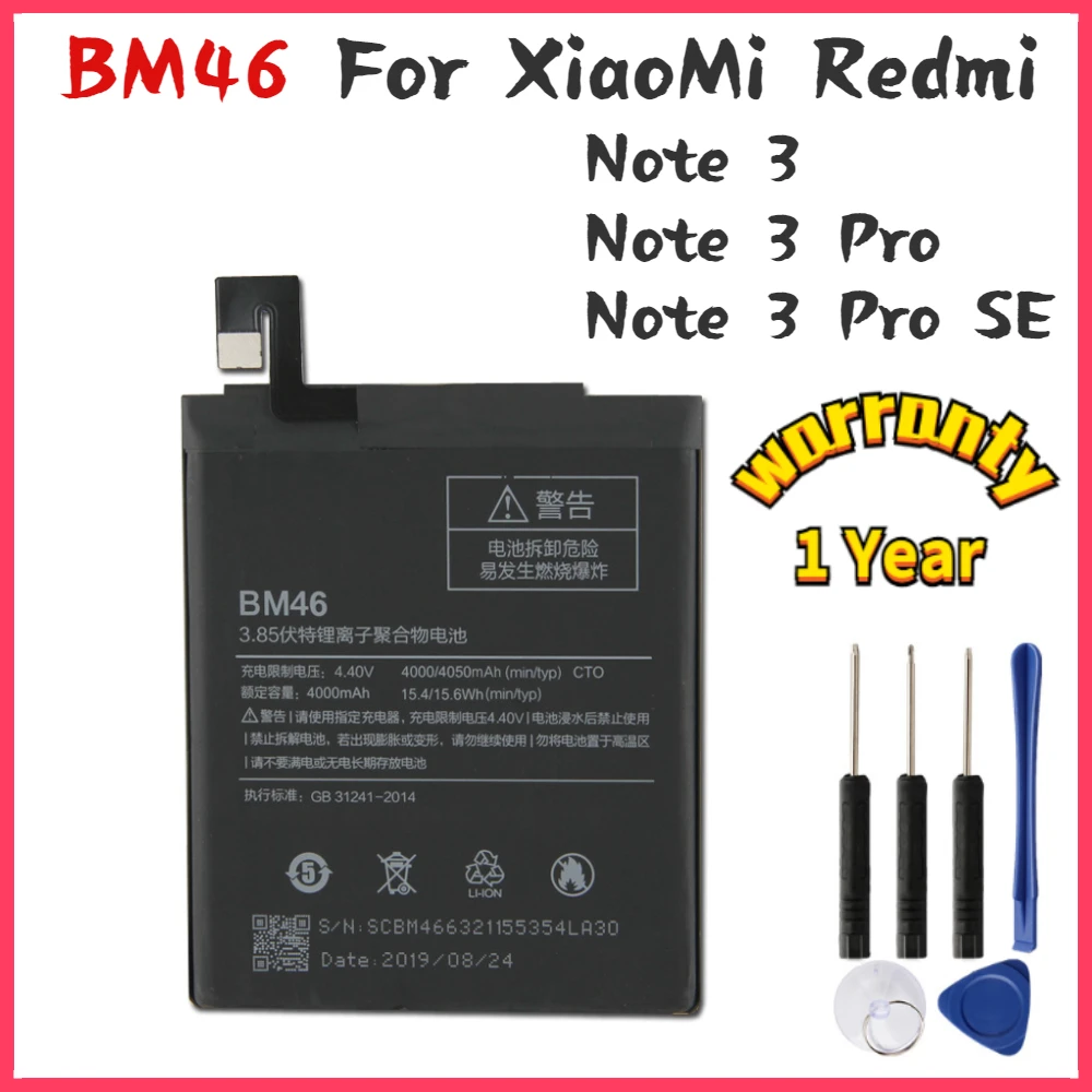 

New yelping BM46 Phone Battery For Xiaomi Redmi Note 3 Pro SE Battery Compatible Replacement Batteries 4000mAh Free Tools
