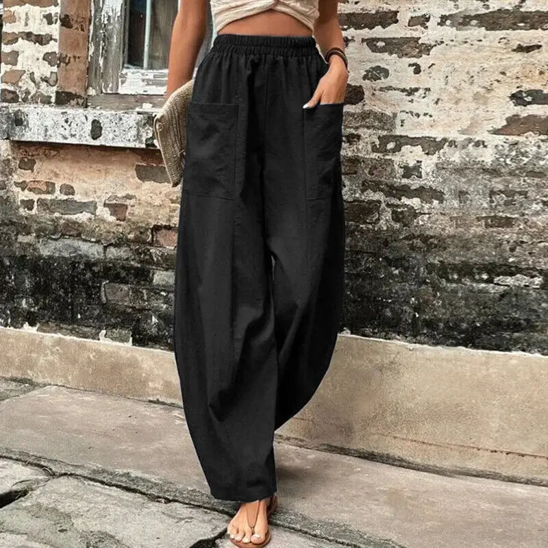 

Women Clothing Solid Casual Pockets Pants Loose Fashion Cotton Line Trousers