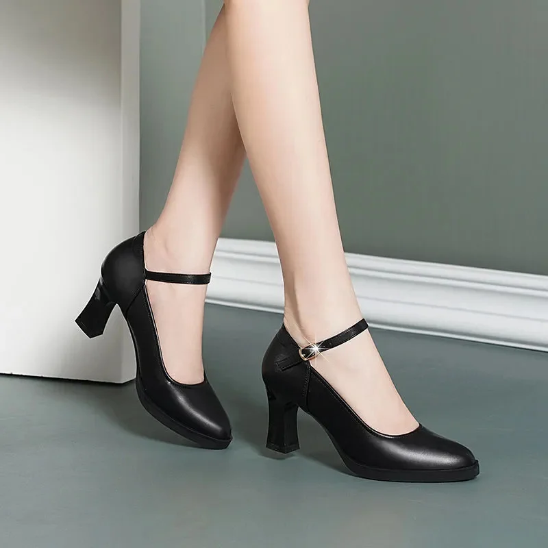 

Women Classic Round Toe High Quality Buckle Strap Square Heel Shoes Lady Beige Comfort Spring Pumps Mulheres De Salto Alto E286