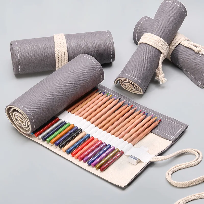 Pencil Roll Wrap 12/24/36/48/72 Holes Canvas Pencil Curtain Pen Bag Sketch Stationery Storage Case School Office Supplies Gift