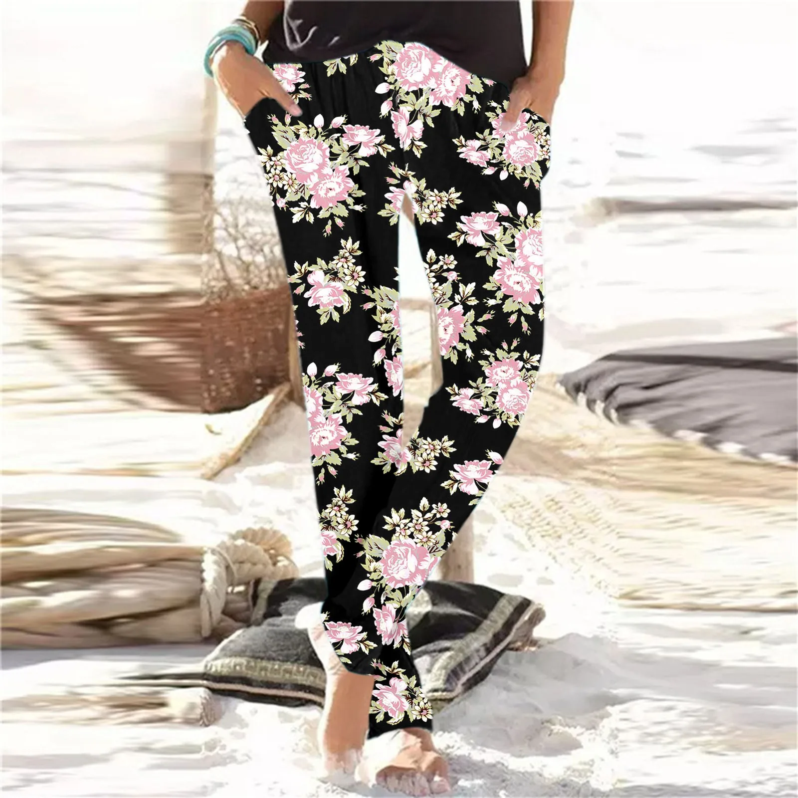 

Women'S Loose Fit Mid Waist Fashion Casual Sporty Trousers Print Full Length Breathable Sports Bohemian Floral Pants Pantalon