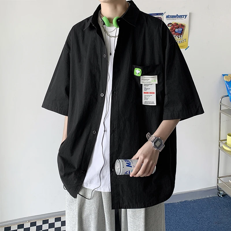 

Рубашка мужская оверсайз с коротким рукавом, уличная одежда в Корейском стиле, винтажная блузка в стиле Харадзюку