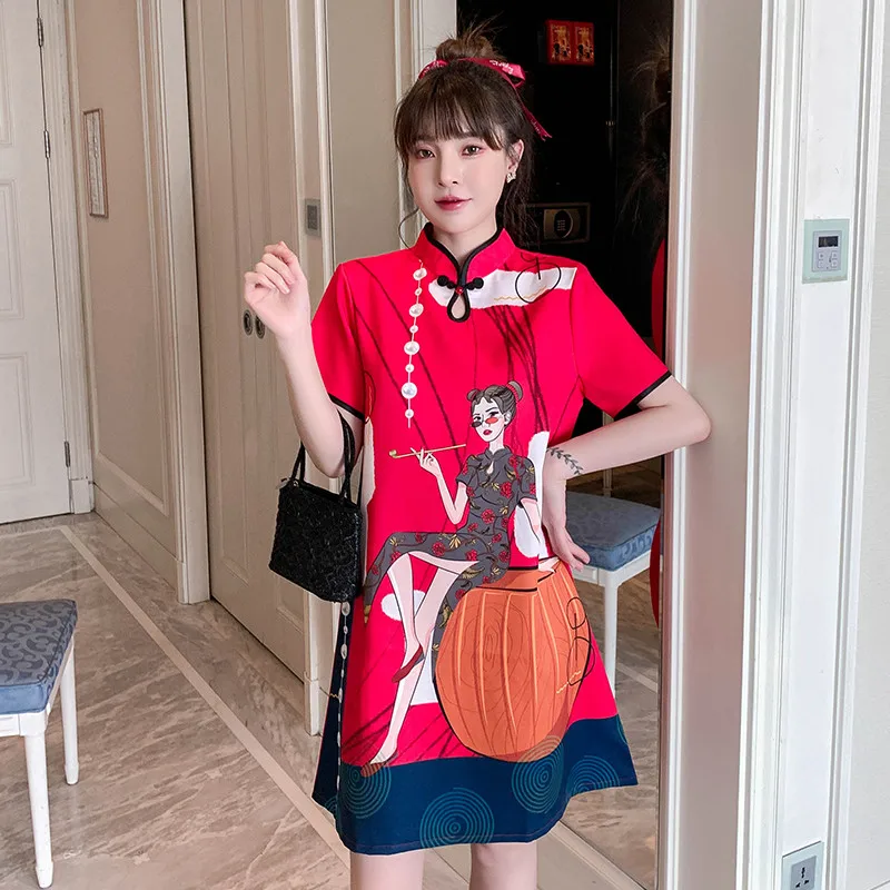Платье-Ципао свободного покроя в стиле ретро, модное улучшенное китайское платье с пряжкой, в стиле Ципао, для молодых девушек, лето