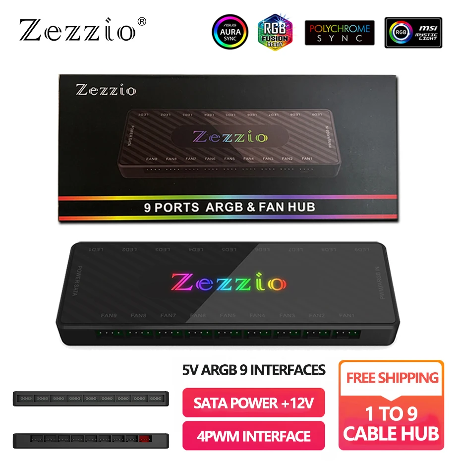 Фото Кабель-концентратор Zezzio ARGB/PWM 9 интерфейсов 12 В SATA Power PWM, концентратор с 9 портами, док-станция для вентилятора, аксессуар для охлаждения контроллера №1