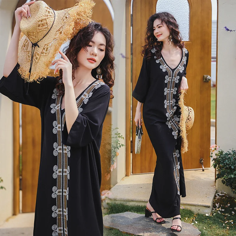 

Винтажные мусульманские Макси-платья с вышивкой для женщин, Удобная стильная абайя для отпуска, модное облегающее женское платье, повседневная женская одежда