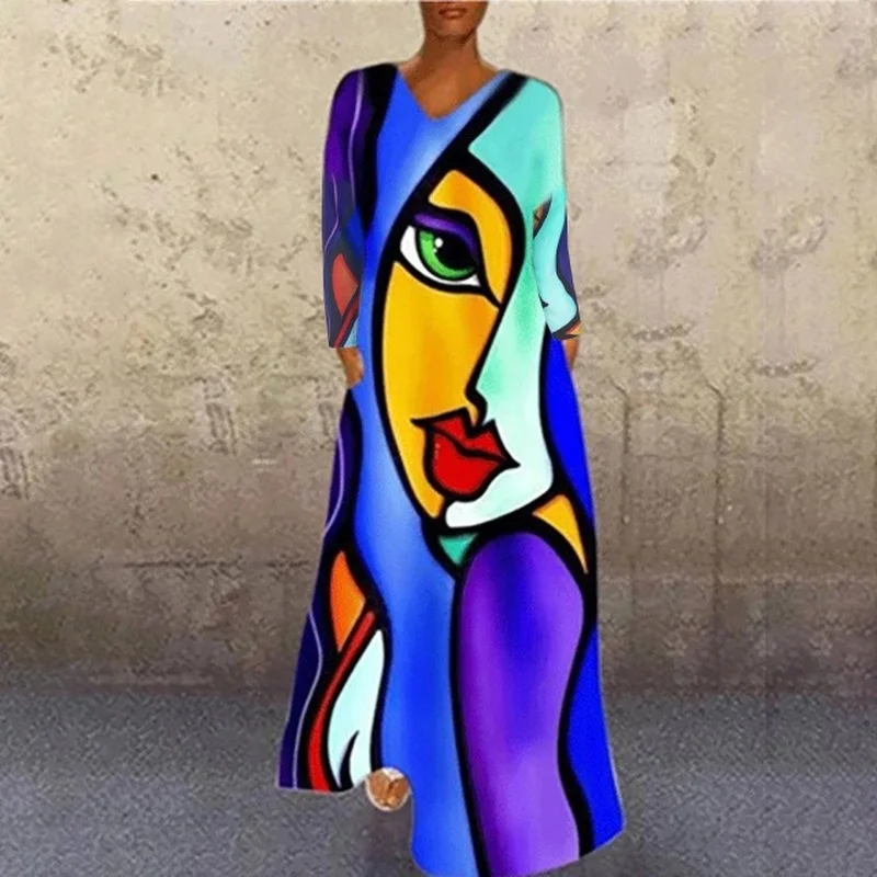 

Graphic Print Dress Abstract Girl Women Vintage Cartoon V-Neck Long Party Casual Short Sleeve Pocket A-Line Maxi Robe Longue New