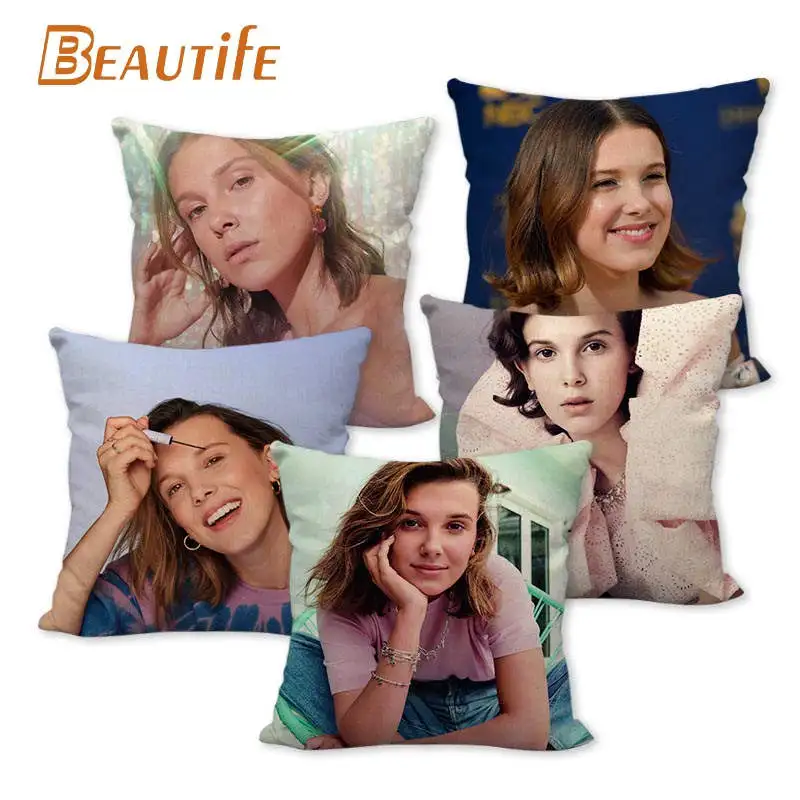 

45X45cm Millie Bobby Brown Pillow Cover Square Zipper Cotton Linen Fabric Pillow Cases Bedroom Home Decorative Boys Girls Gift