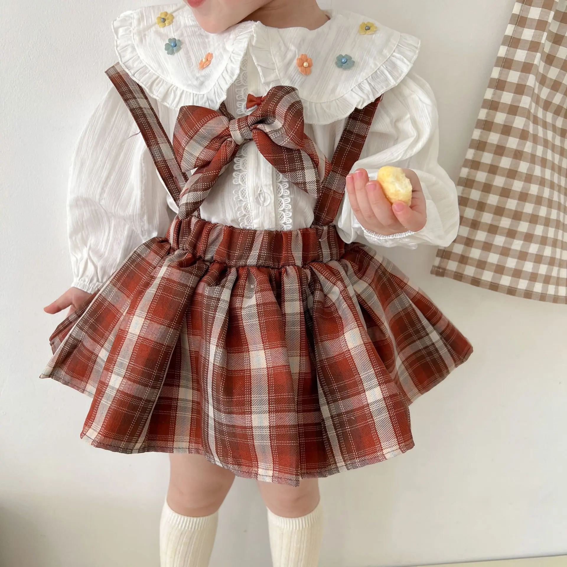 

Girls JK Uniform Spring Baby Girl Doll Collar Shirt Strap Plaid Skirt Big Bow Tie 3pcs Clothing Set Toddler Pricess Costume