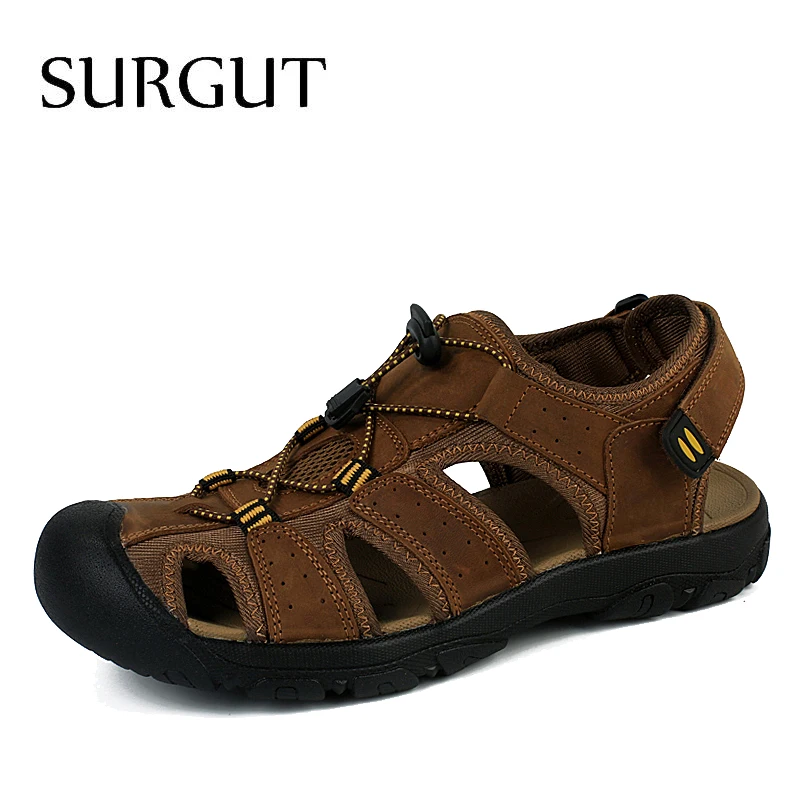 

SURGUT Brand New Fashion Summer Beach Sandals Men Soft Breathable Genuine Leather Men's Sandal Man Causal Shoes Big Size 38~47