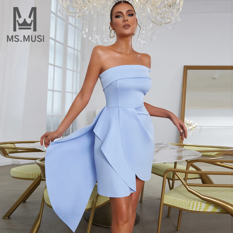 

MSMUSI 2022 New Fashion Women Sexy Blue Strapless Draped Asymmetrical Sleeveless Bodycon Party Club Backless Slit Mini Dress