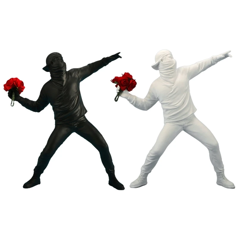 

Creative Resin Statue Throwing Flower Man Sculpture Wearing Mask Boy Peace and Love Figurine Modern Home Desktop Decoration