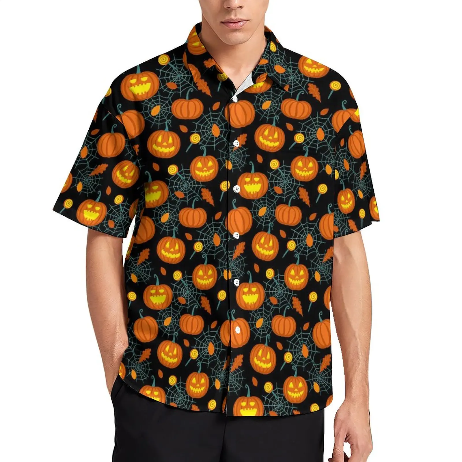 

Pumpkin And Spider Web Casual Shirt Halloween Beach Loose Shirt Hawaiian Harajuku Blouses Short Sleeve Graphic Oversized Tops