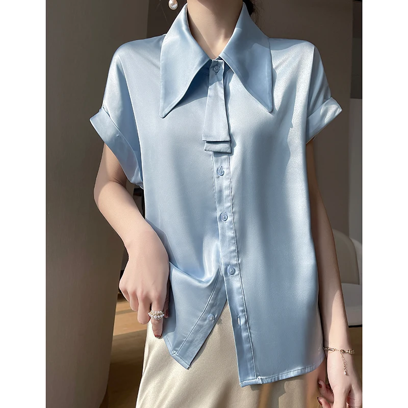 

Летняя Тонкая голубая шифоновая рубашка с коротким рукавом ацетатная атласная Женская Новая темпераментная профессиональная одежда женские рубашки