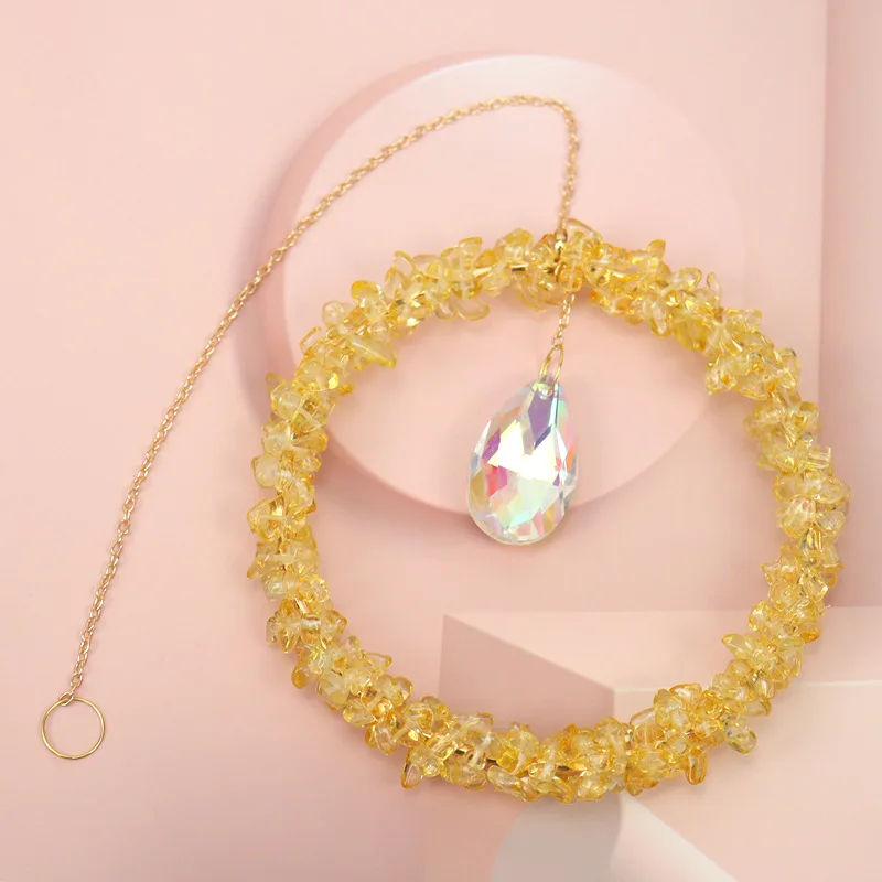 Handmade Copper Wire Wrap Natural Mineral Gravel Round Sun Catcher Crystal Pendant Ornament Window Garden Hanging Decoration