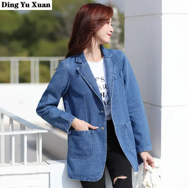 

Black Blue Denim Bomber Jacket Ladies Long Sleeve Notched Jean Blazer for Women Casual Outerwear Korean Fashion Veste Femme