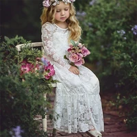 long sleeve lace flower girl dress summer boho o neck a line princess wedding party dress bow little girl maxi formal dress